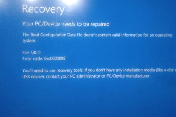 recovery boot configuration data error code 0xc0000098